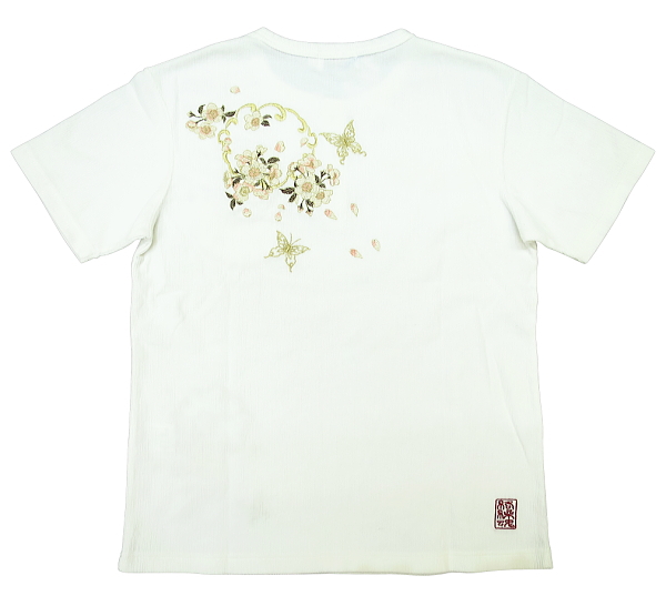 絡繰魂　和柄半袖ヘンリーネックTシャツ　桜に舞蝶（白）